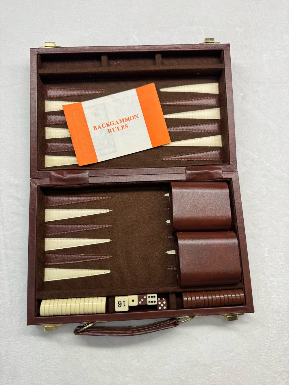 Backgammon Set Brown Faux Leather Briefcase Travel Game Complete